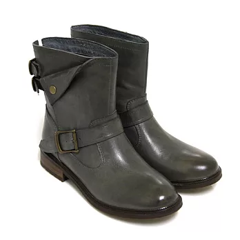 ◤Green Phoenix◥街頭酷勁洗舊金屬皮飾扣反折釘扣臘感牛皮低跟短筒工程靴35灰色