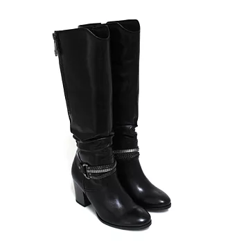 ◤Green Phoenix◥復刻定番金屬感繞踝皮繩抓皺洗舊拉鍊臘感牛皮細絨毛粗高跟長靴35黑色