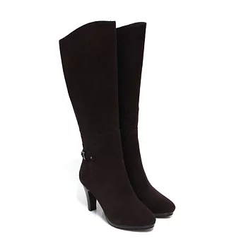 ◤Green Phoenix◥媚惑風範壓花紋繞踝皮飾扣牛麂皮高跟長靴35咖啡色