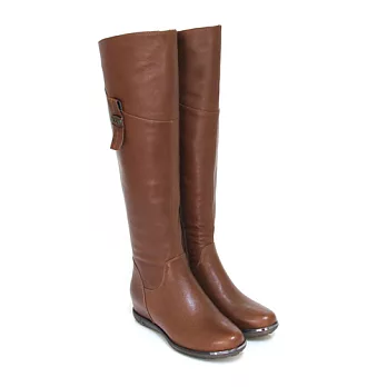 ◤Green Phoenix◥簡潔迷人直立式皮扣裝飾金屬邊條全真皮內增高過膝靴35棕色