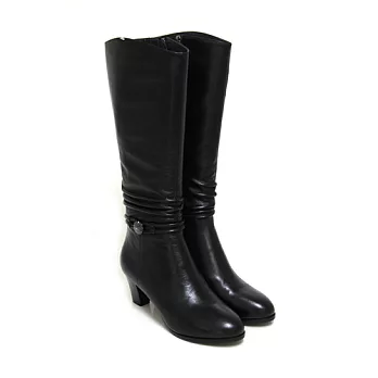 ◤Green Phoenix◥神秘戀曲繫繩金屬綻放花朵抓皺全真皮低跟長靴35黑色