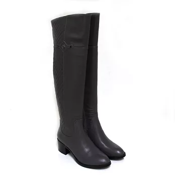 ◤Green Phoenix◥唯美可人菱格紋幾何金屬方塊全真皮方粗跟過膝靴35灰色