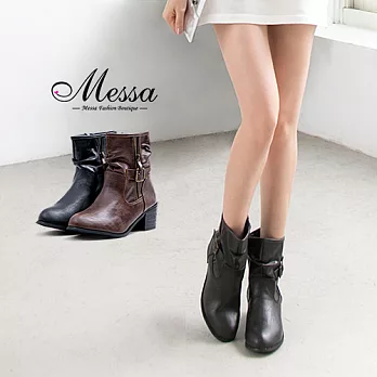 【Messa米莎專櫃女鞋】騎士風側拉鍊復古扣環高跟短靴36咖啡色