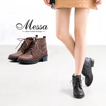 【Messa米莎專櫃女鞋】MIT 經典學院風繫帶側拉鍊牛津粗跟短靴35黑色