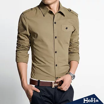 襯衫 軍裝風肩章單口袋長袖襯衫 二色-HeHa-L(卡其）