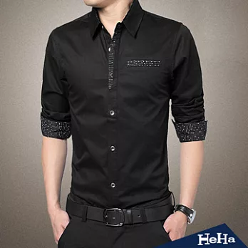 襯衫 男士商務拼接印花長袖襯衫 三色-HeHa-2XL(黑色）