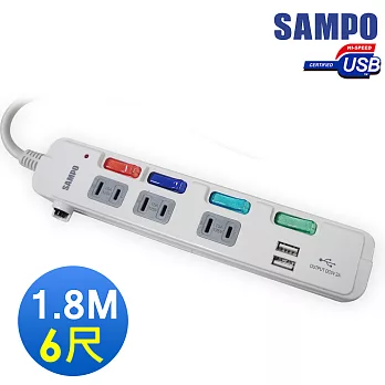 SAMPO 聲寶4切3座2孔6呎(1.8M)多功能雙USB延長線 (EL-U43T6U2)