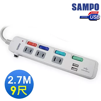 SAMPO 聲寶4切3座2孔9呎(2.7M)多功能雙USB延長線(EL-U43T9U2)