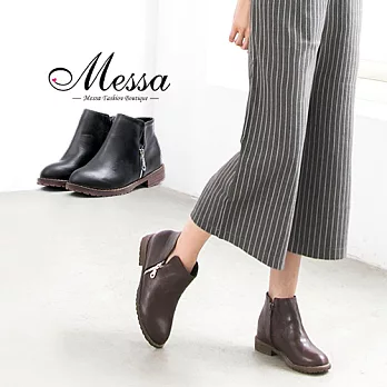 【Messa米莎專櫃女鞋】簡約V口剪裁側邊經典拉鍊低跟短靴35咖啡色