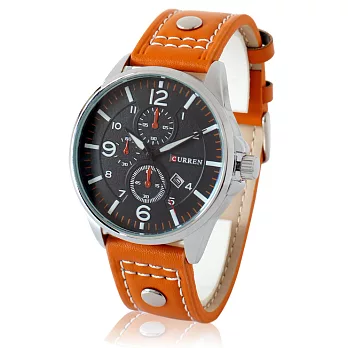 CURREN卡瑞恩 8164 獨特仿三眼 貼心日期顯示皮質男錶 - 白框-橘帶黑面