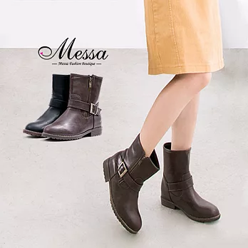 【Messa米莎專櫃女鞋】復古率性側金屬繞環拉鍊低跟短靴35咖啡色