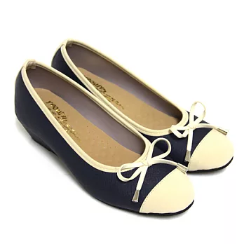 【Pretty】悠閒小蝴蝶結拼接楔型娃娃鞋23藍色