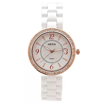 KEZZI珂紫 K-815奢華圈鑽珍珠母貝錶面陶瓷錶-玫瑰金