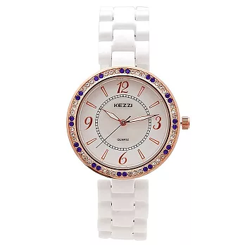 KEZZI珂紫 K-815奢華圈鑽珍珠母貝錶面陶瓷錶-夢幻紫