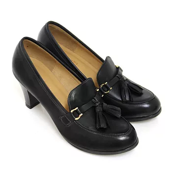 ◤Green Phoenix◥迷戀珍藏垂墜流蘇一字金屬皮扣手染臘感牛皮粗高跟樂福鞋35黑色