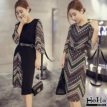 二件式 連身針織內搭雪紡長裙(贈腰帶)-HeHa-FREE*