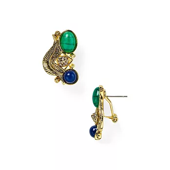 House of Harlow 1960 南美幸運羽毛金耳環 寶藍X翠綠琺瑯 水鑽