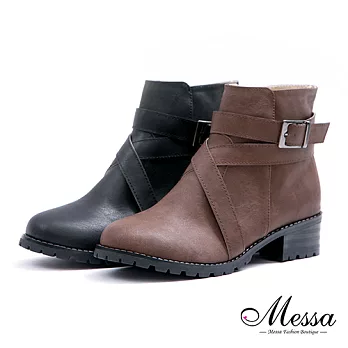 【Messa米莎專櫃女鞋】MIT 韓風隨性繞帶側拉鍊低跟短靴35咖啡色