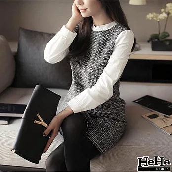 洋裝 圓領毛呢拼接雪紡長袖洋裝-HeHa-S*