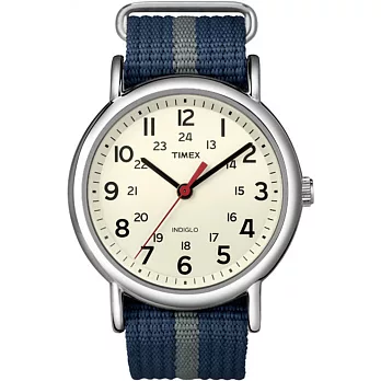 【TIMEX 】天美時經典復刻冷光Weekender系列 (米色面/藍間灰色帆布帶 TXT2N654) /38mm