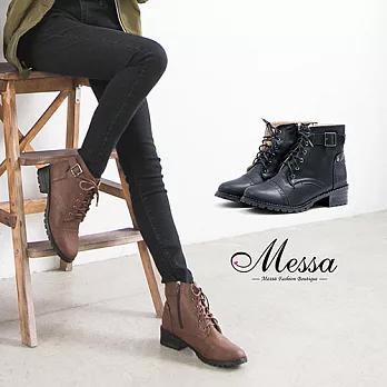 【Messa米莎專櫃女鞋】MIT 日雜好感雕花牛津側拉鍊低跟短靴38黑色