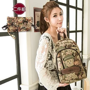 【DAVDANNY大衛丹尼】經典系列可愛維尼小熊真皮滾邊後背包-1852-兩件組