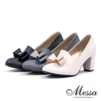 【Messa米莎專櫃女鞋】MIT輕熟女的最愛蝴蝶結內真皮樂福高跟包鞋37米色