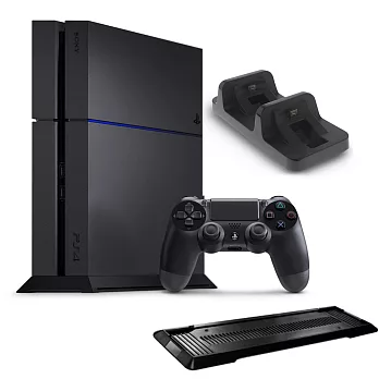 SONY PS4主機 CUH-1207 500G+副廠雙手把充電座+副廠直立架-黑極致黑