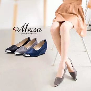 【Messa米莎專櫃女鞋】MIT俐落拼接金屬壓紋斜口楔型包鞋38灰色