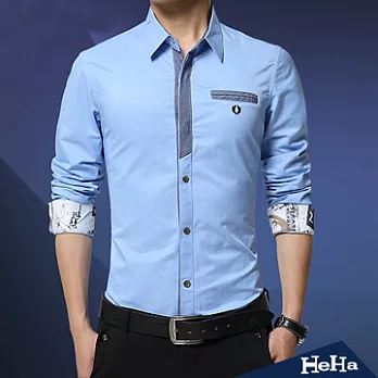 襯衫 雙色拼接印花仿牛仔長袖襯衫 三色-HeHaL(淺藍)