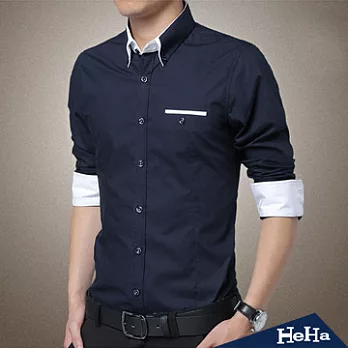 襯衫 純棉商務修身長袖襯衫 四色-HeHa-XL（深藍）
