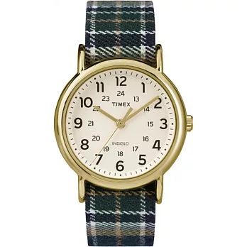 【TIMEX 】天美時經典復刻冷光Weekender系列腕錶 (米色面/綠藍格紋布帶 TXT2P89500)