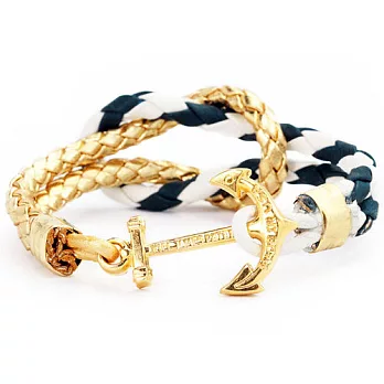 Kiel James Patrick 美國手工船錨水手繩結皮革單圈手環 Nautical StarXS金+藍白