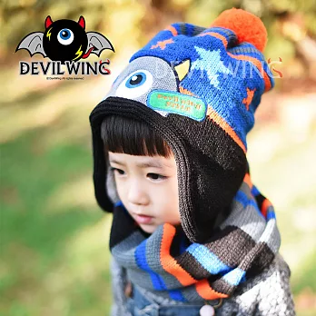 (帽子+圍脖兩件套)韓國DevilWing小惡魔男女童彩條造型圍巾藍色