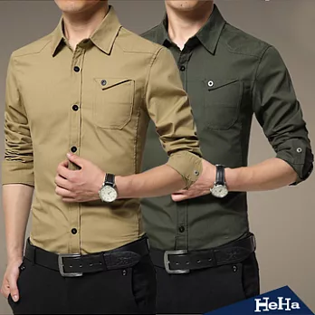襯衫 純棉軍裝造型口袋長袖襯衫 二色-HeHa-XL(軍綠）