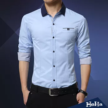 襯衫 紳士拼色修身長袖襯衫 三色-HeHa-XL（淺藍）