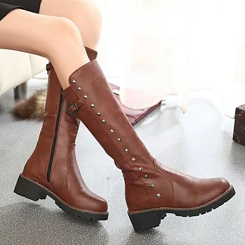 【Moscova】英倫帥氣鉚釘長筒中跟靴36棕色