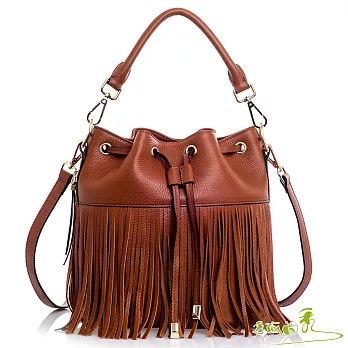 【手感的秀】韓國小牛皮波希風流蘇抽繩水桶三用包(拿鐵咖)