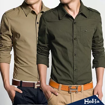 襯衫 軍裝風肩章單口袋長袖襯衫 二色-HeHa-XL(軍綠)