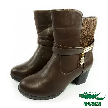 母子鱷魚(女)★ 蕾絲片滴鑽半筒短靴36迷人咖