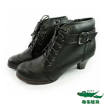 母子鱷魚(女)★ 小牛津綁帶短靴23帥氣黑