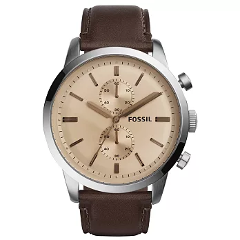FOSSIL 拓荒英豪都會雙眼計時腕錶-淺褐x銀框x咖啡色皮帶