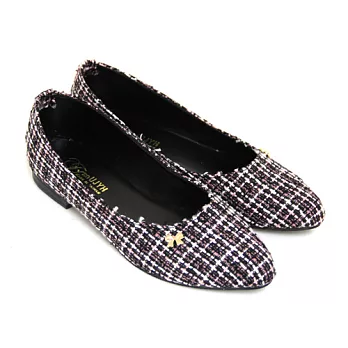 【Pretty】小蝴蝶結金屬飾品毛呢尖頭低跟娃娃鞋25粉紅色