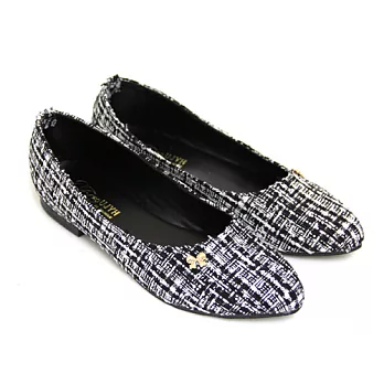 【Pretty】小蝴蝶結金屬飾品毛呢尖頭低跟娃娃鞋23黑布