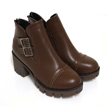 【Pretty】皮帶扣飾後拉鍊厚底粗高跟短靴36棕色