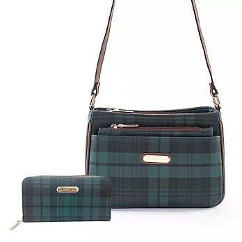 【XINWEI POLO】經典綠格皮革配色側背包附手拿包+皮夾