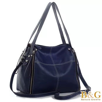 【B&G】義大利牛皮搖滾垂墜拉鍊風三用包(深藍)