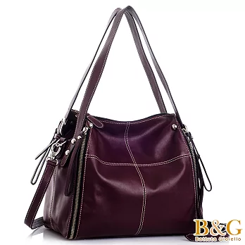 【B&G】義大利牛皮搖滾垂墜拉鍊風三用包(酒紅)