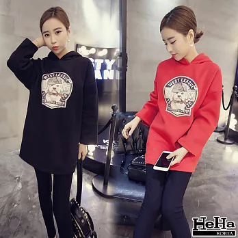 T恤 寬鬆連帽加絨卡通貼圖上衣 二色-HeHa-FREE(黑色）