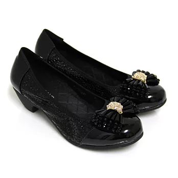 ◤Green Phoenix◥晶鑽奢華漆皮拼接蛇麟紋中粗跟包鞋23.5黑色